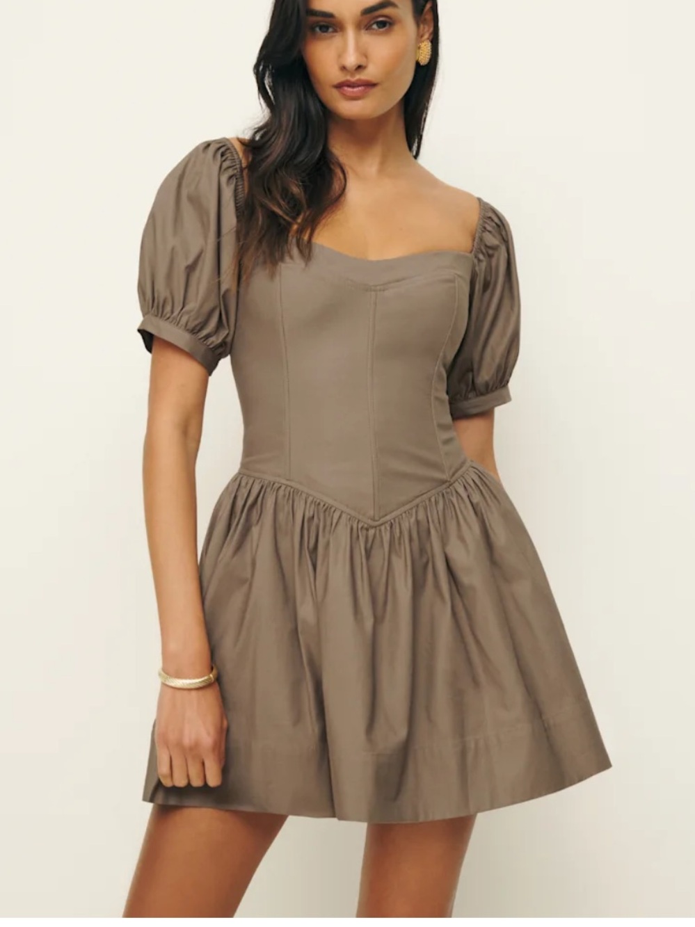 Reformation Taupe Puff-Sleeve Mini Dress